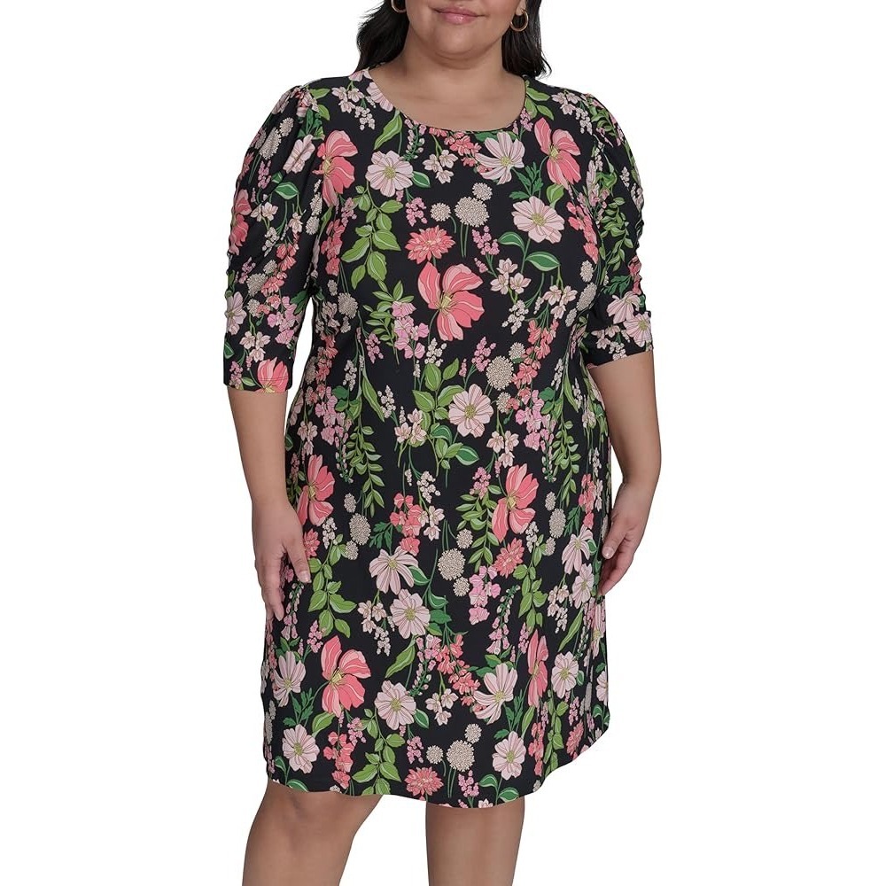 NWT Tommy Hilfiger Womens 14W Black Floral 1/2 Sleeve‎ Shift Dress $109